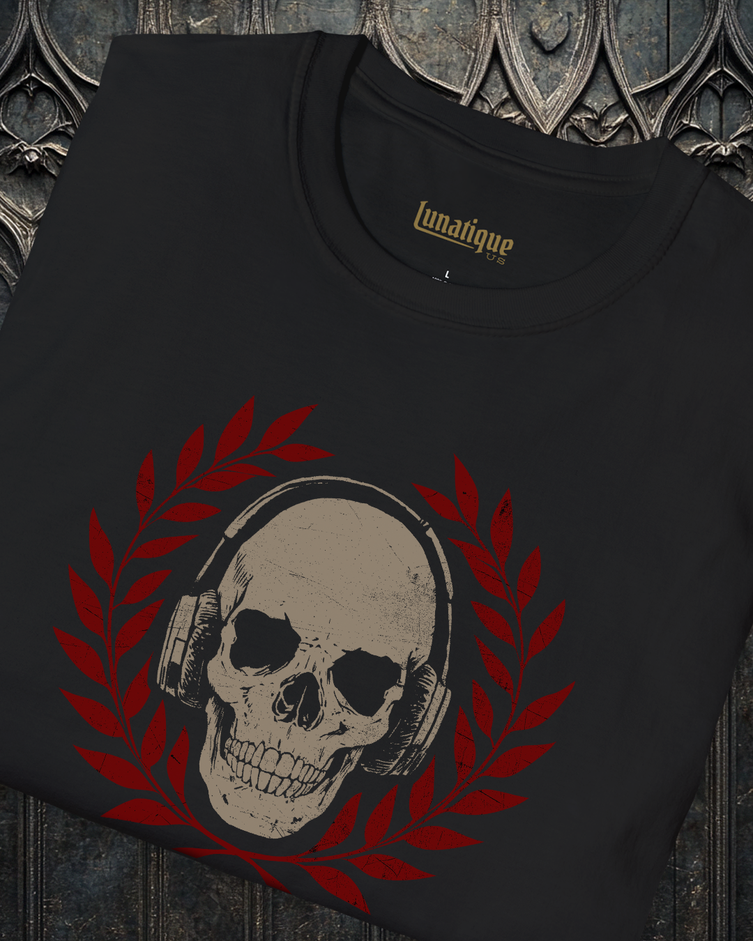 Skull with Headphones and Laurel in Color T-Shirt