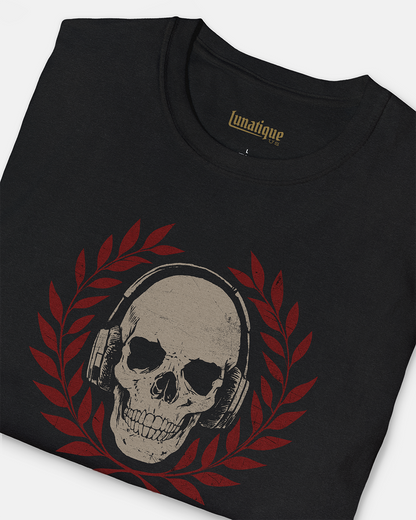 Skull with Headphones and Laurel in Color T-Shirt