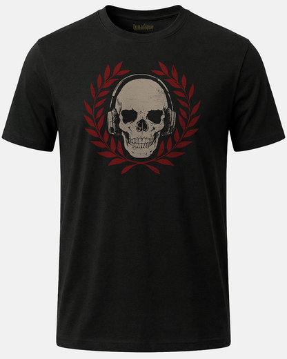 Skull with Headphones and Laurel in Color T-Shirt