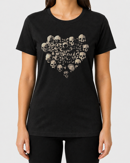 Black t-shirt with skull heart design worn by a person on a white background